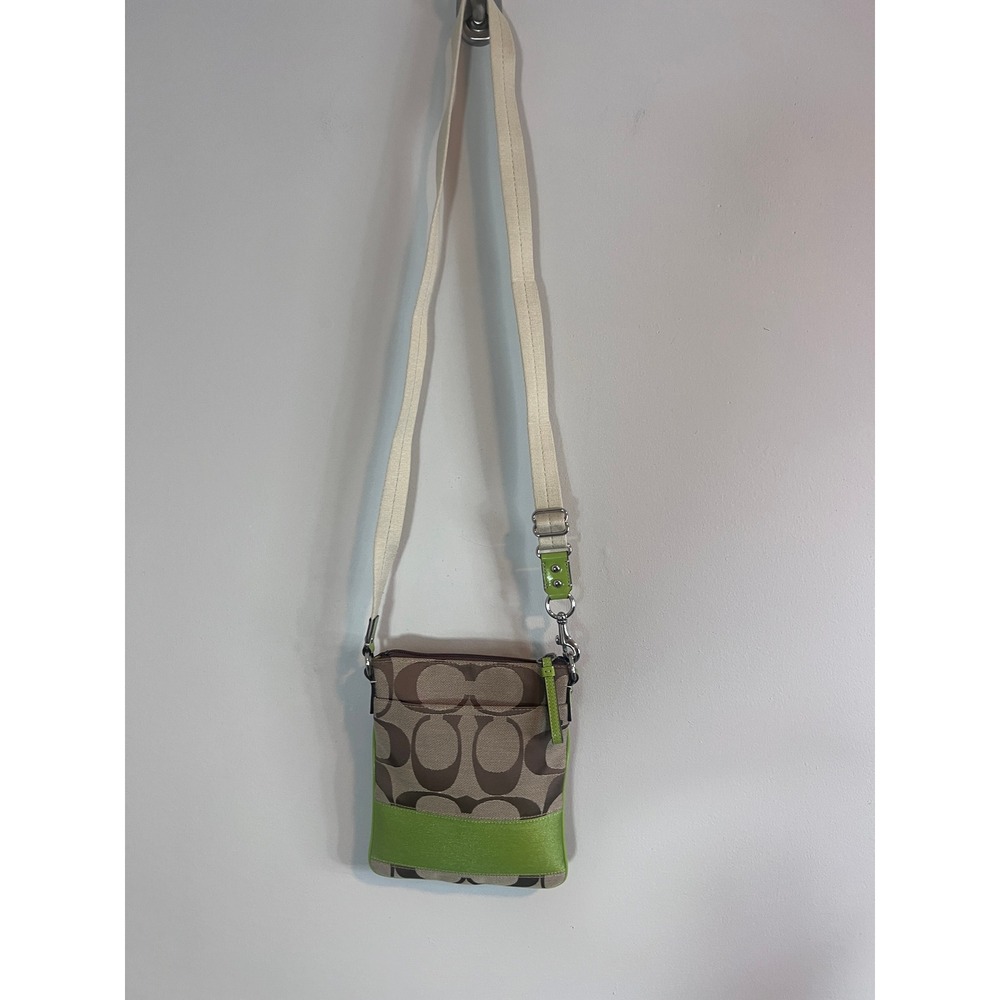 Coach Signature Swingpack Crossbody Bag Brown Khaki Lime Green Monogram